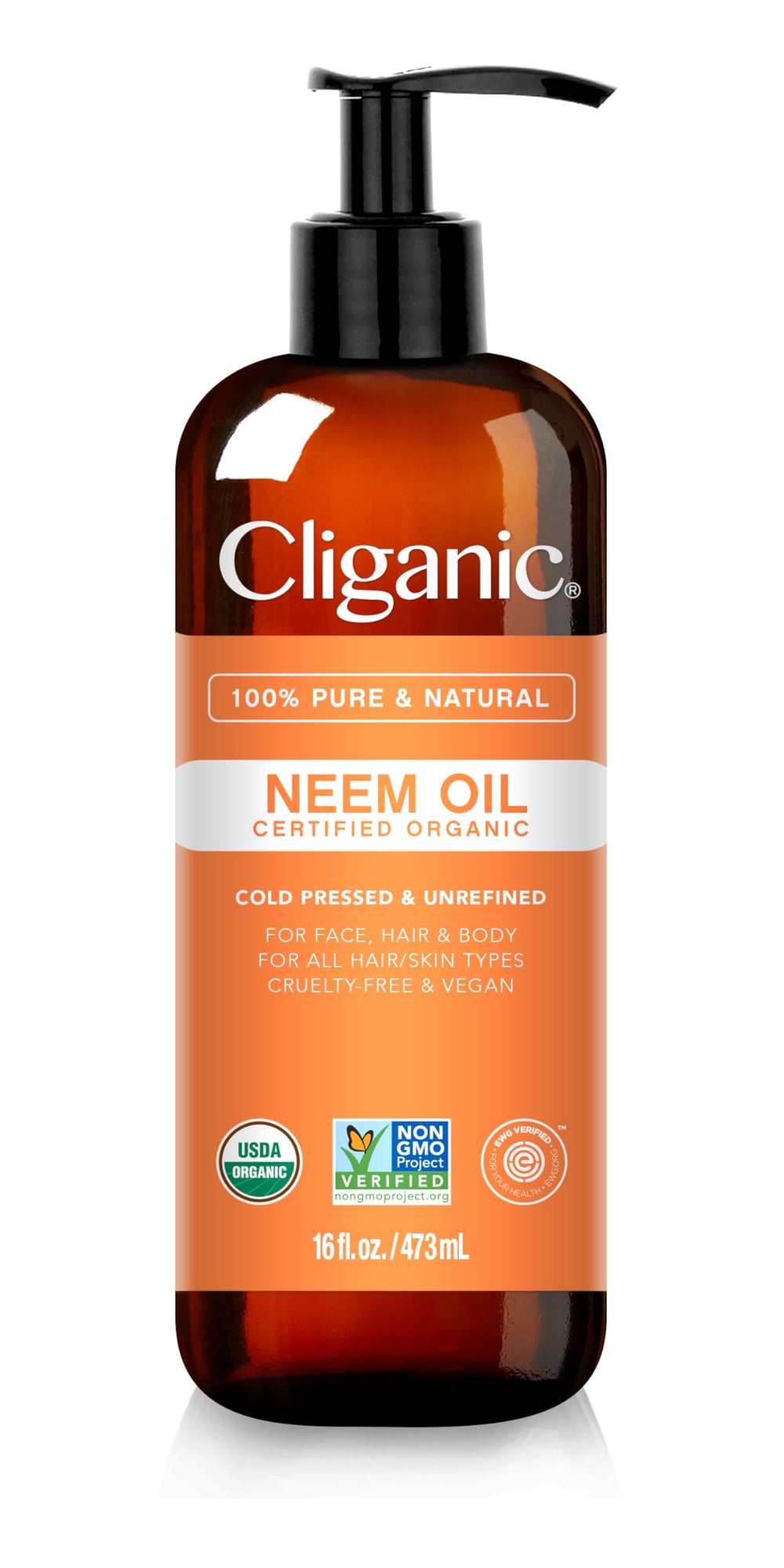 Cliganic Neem Oil bottle-front view, 100% pure cold-pressed oil for skin and plant care.
