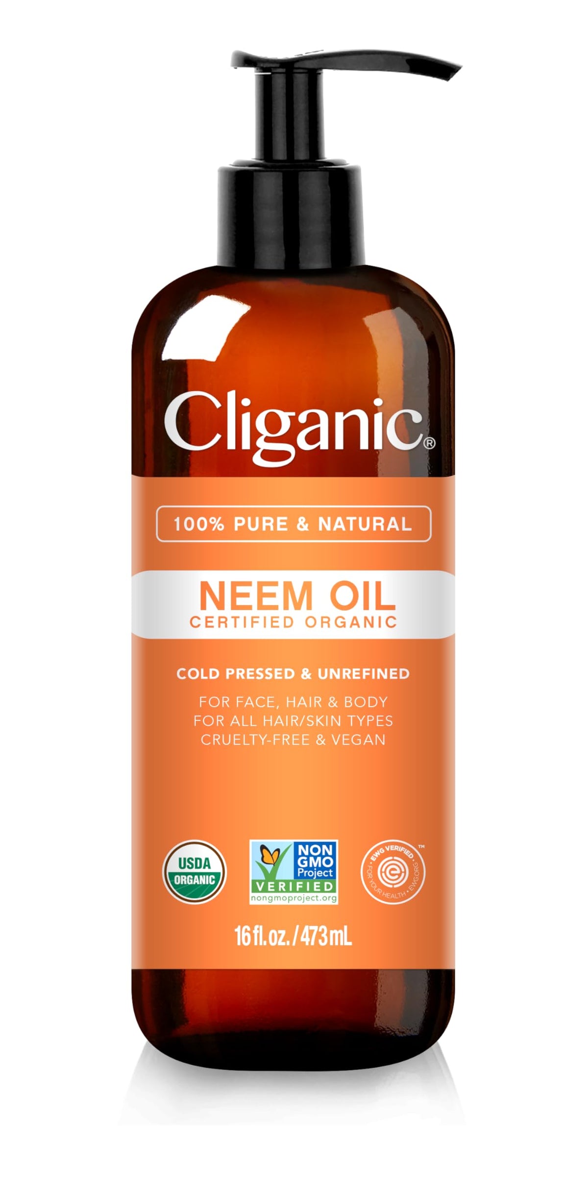 Cliganic Neem Oil bottle-front view, 100% pure cold-pressed oil for skin and plant care.