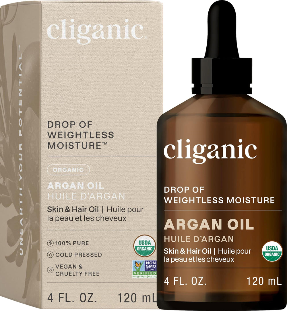 Cliganic Organic Argan Oil bottle closed shows pure, multipurpose use for skin and hair
