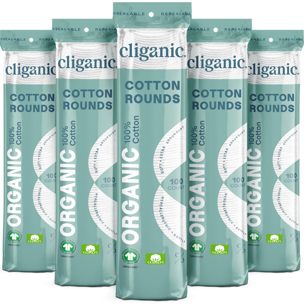 Cliganic Organic Cotton Rounds packaging variation showing eco-friendly packaging