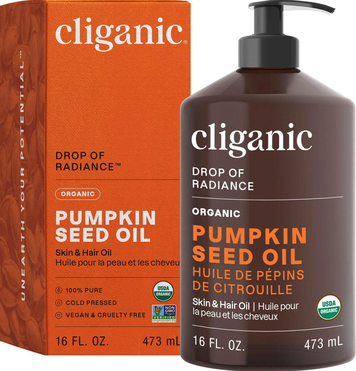Cliganic Organic Pumpkin Seed Oil bottle shows premium, cold-pressed potency for face and hair care.