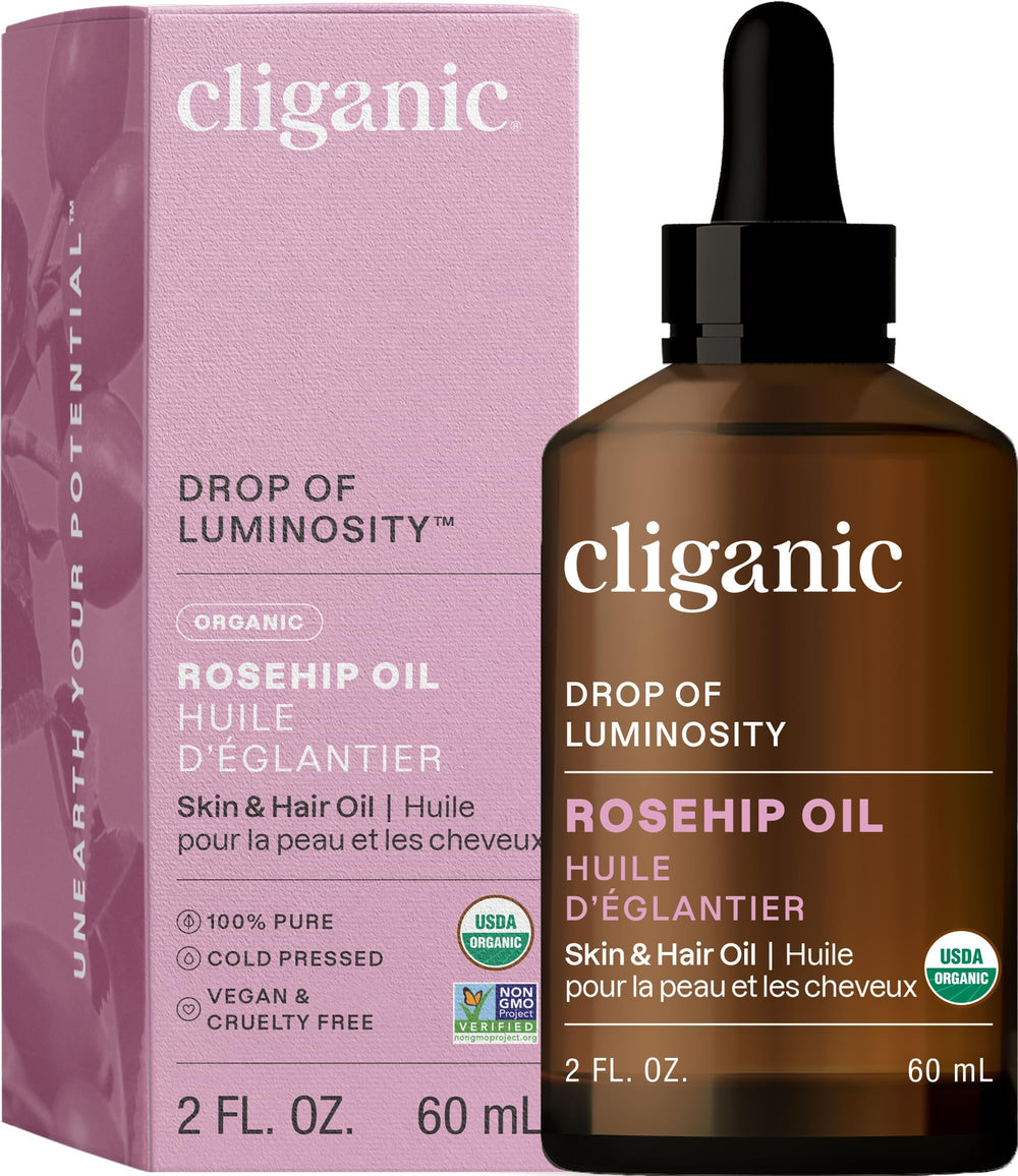 Cliganic Organic Rosehip Seed Oil bottle closeup for pure, versatile skincare.