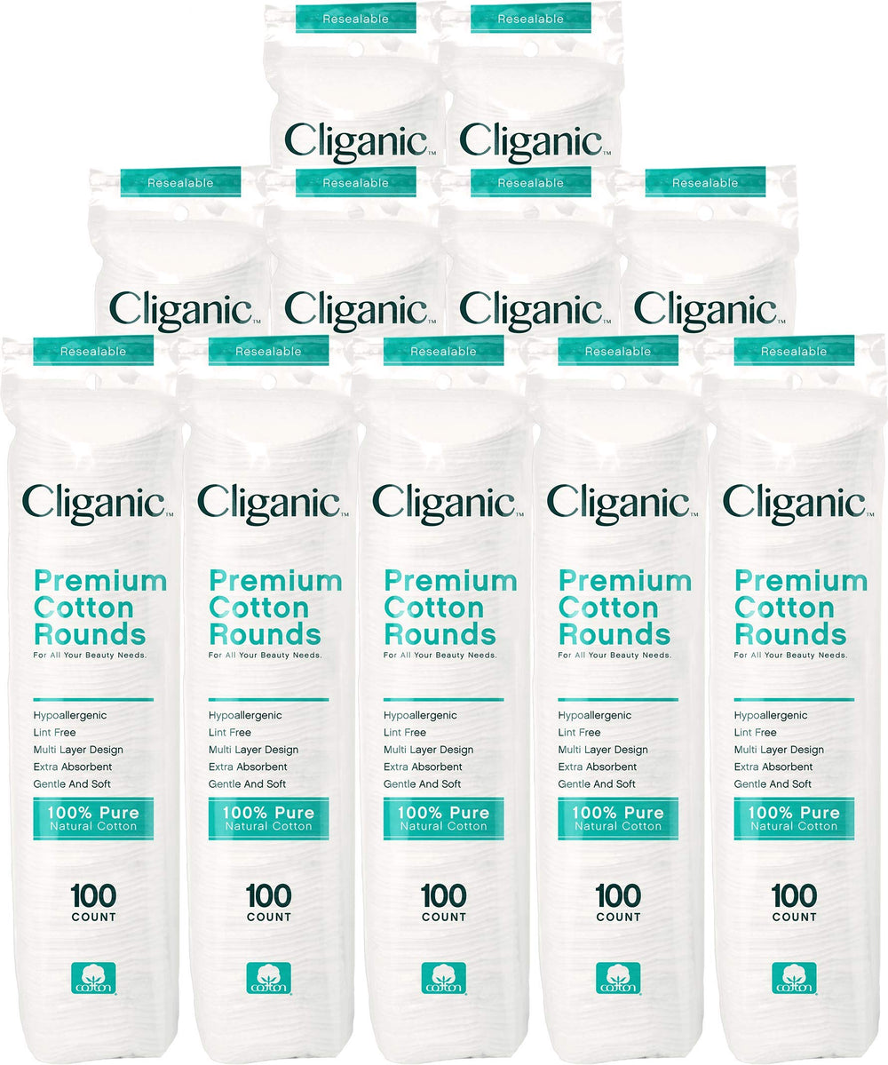 Cliganic Premium Cotton Rounds packaging highlights bulk value for daily makeup removal.