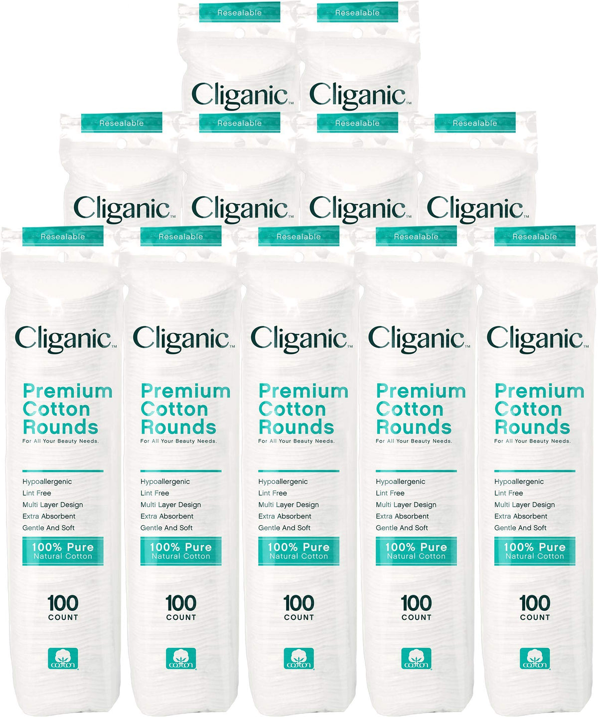 Cliganic Premium Cotton Rounds packaging highlights bulk value for daily makeup removal.