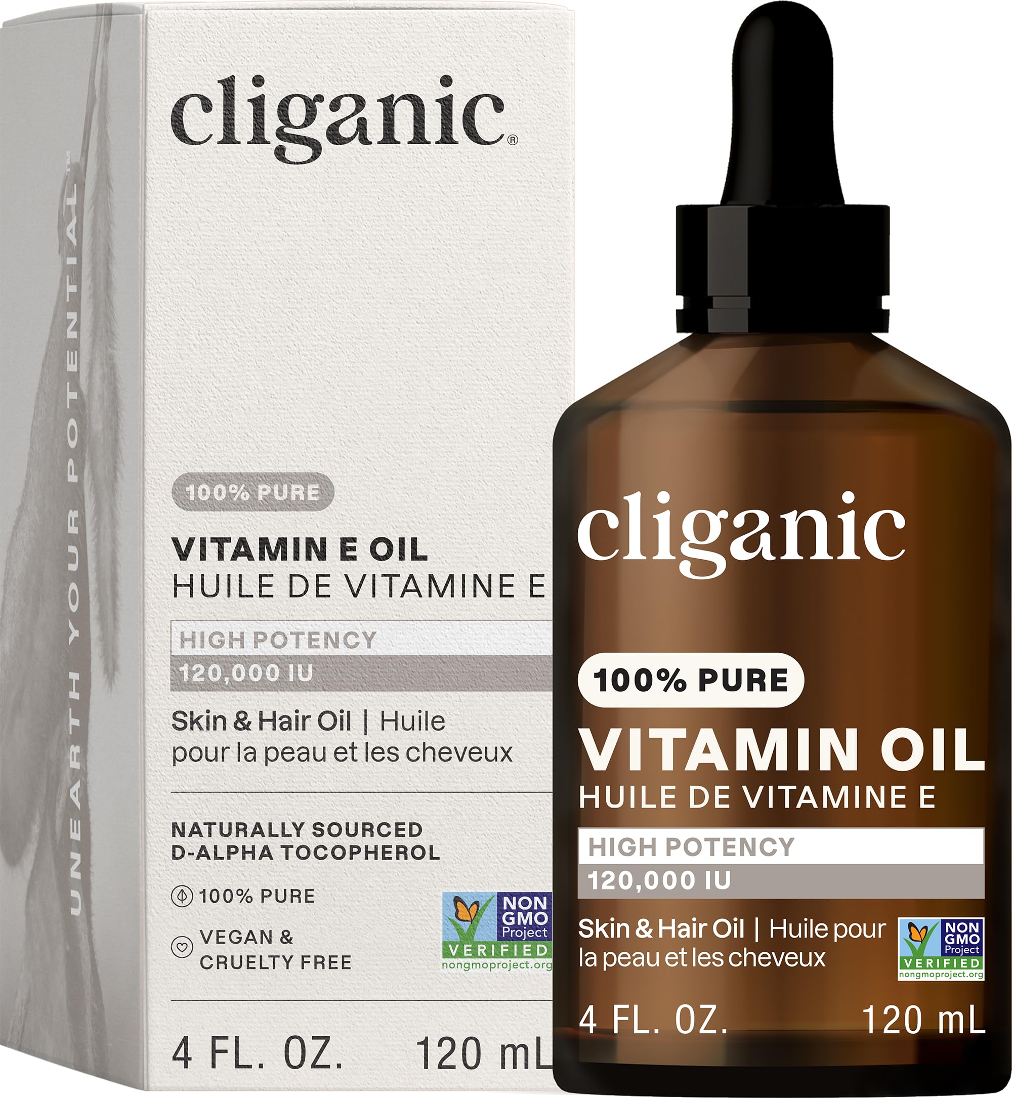 Cliganic Pure Vitamin E Oil bottle with pump for face and skin nourishment; may support radiant skin.