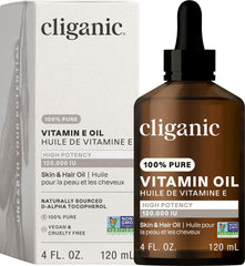 Cliganic Pure Vitamin E Oil bottle with pump for face and skin nourishment; may support radiant skin.