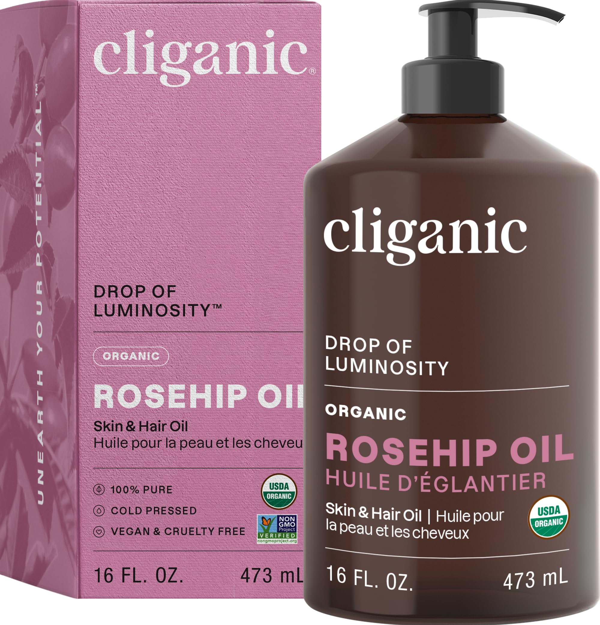 Cliganic rosehip oil bottle with pump for easy skincare use