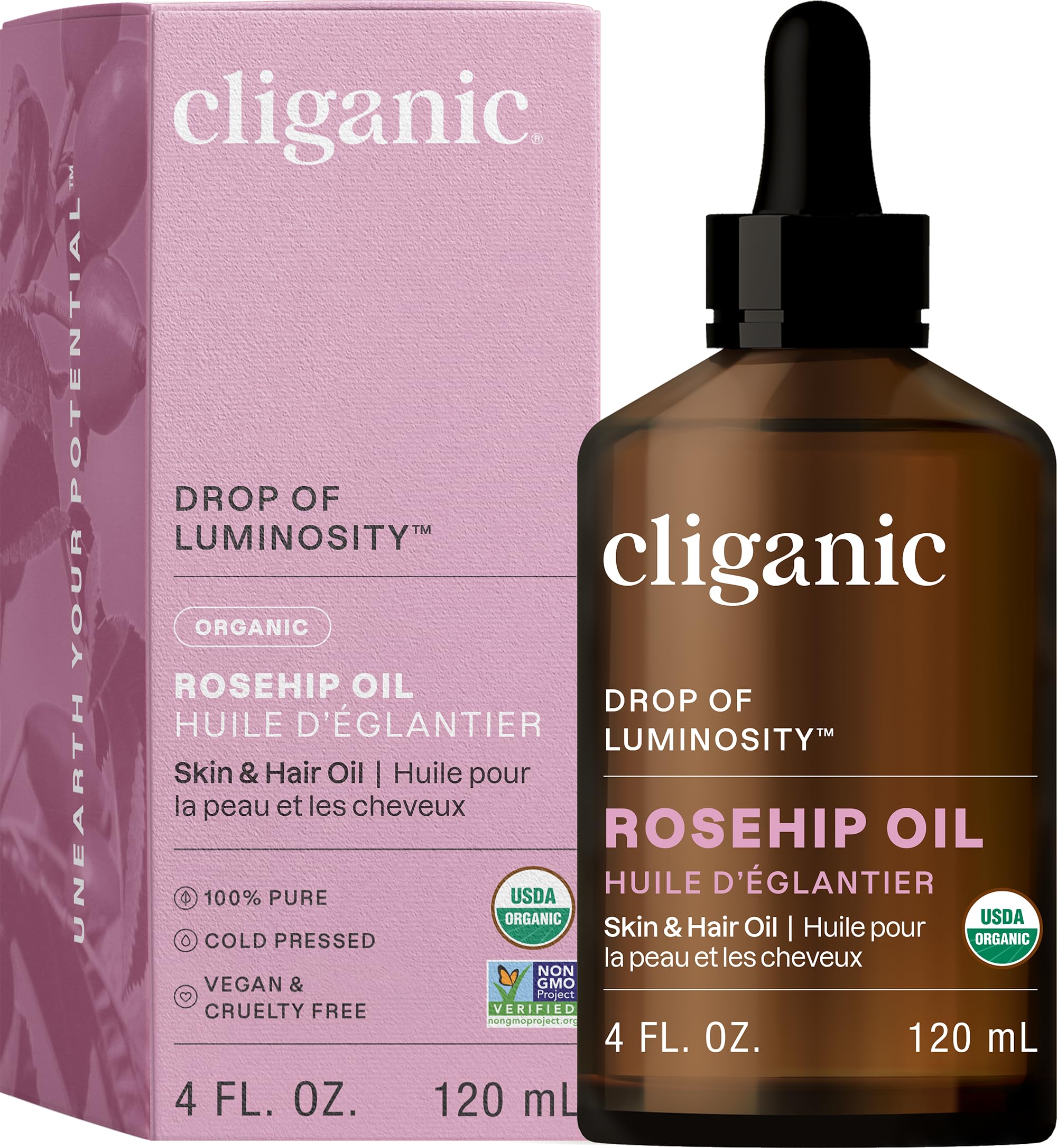 Cliganic Rosehip Oil bottle for daily facial hydration and glow.
