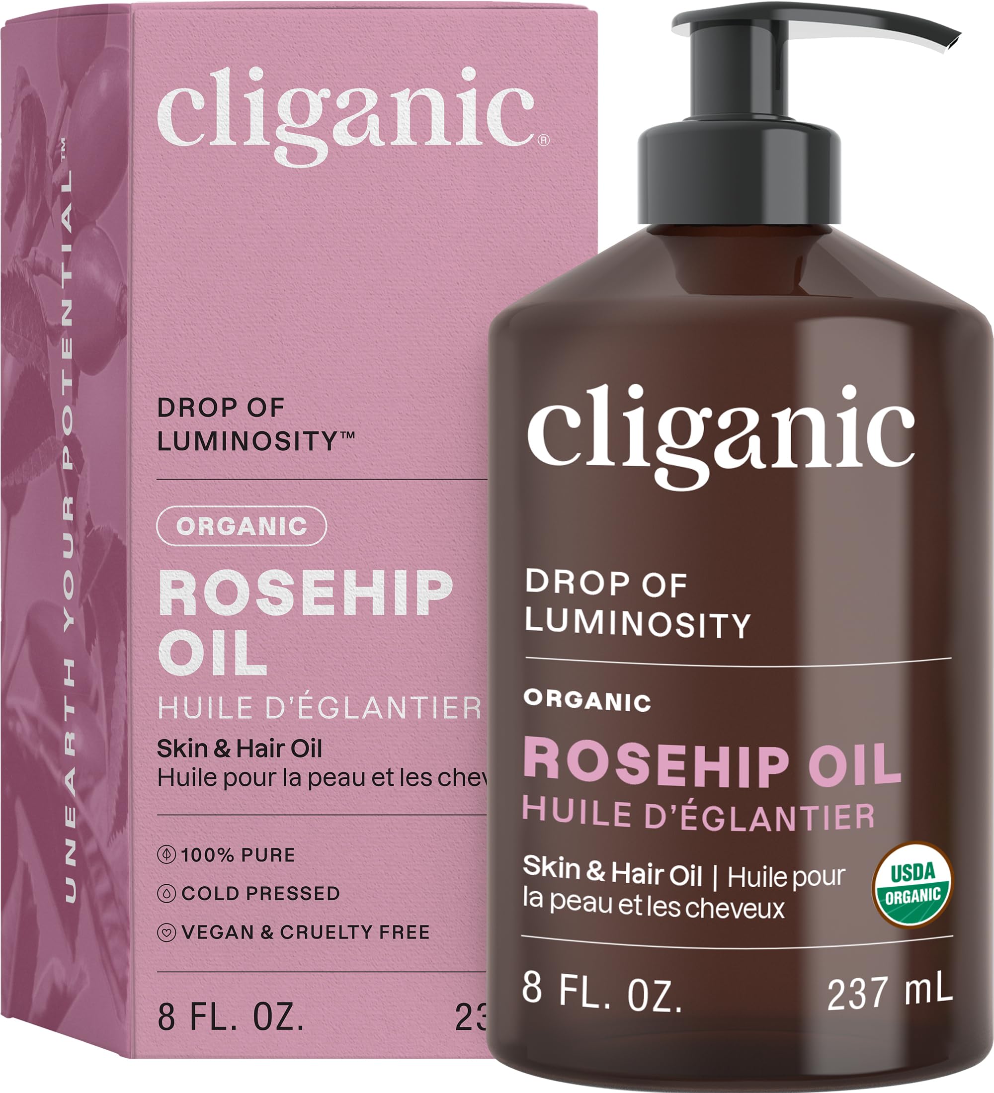 Cliganic Organic Rosehip Oil bottle for face highlighting skin nourishment and purity benefits.
