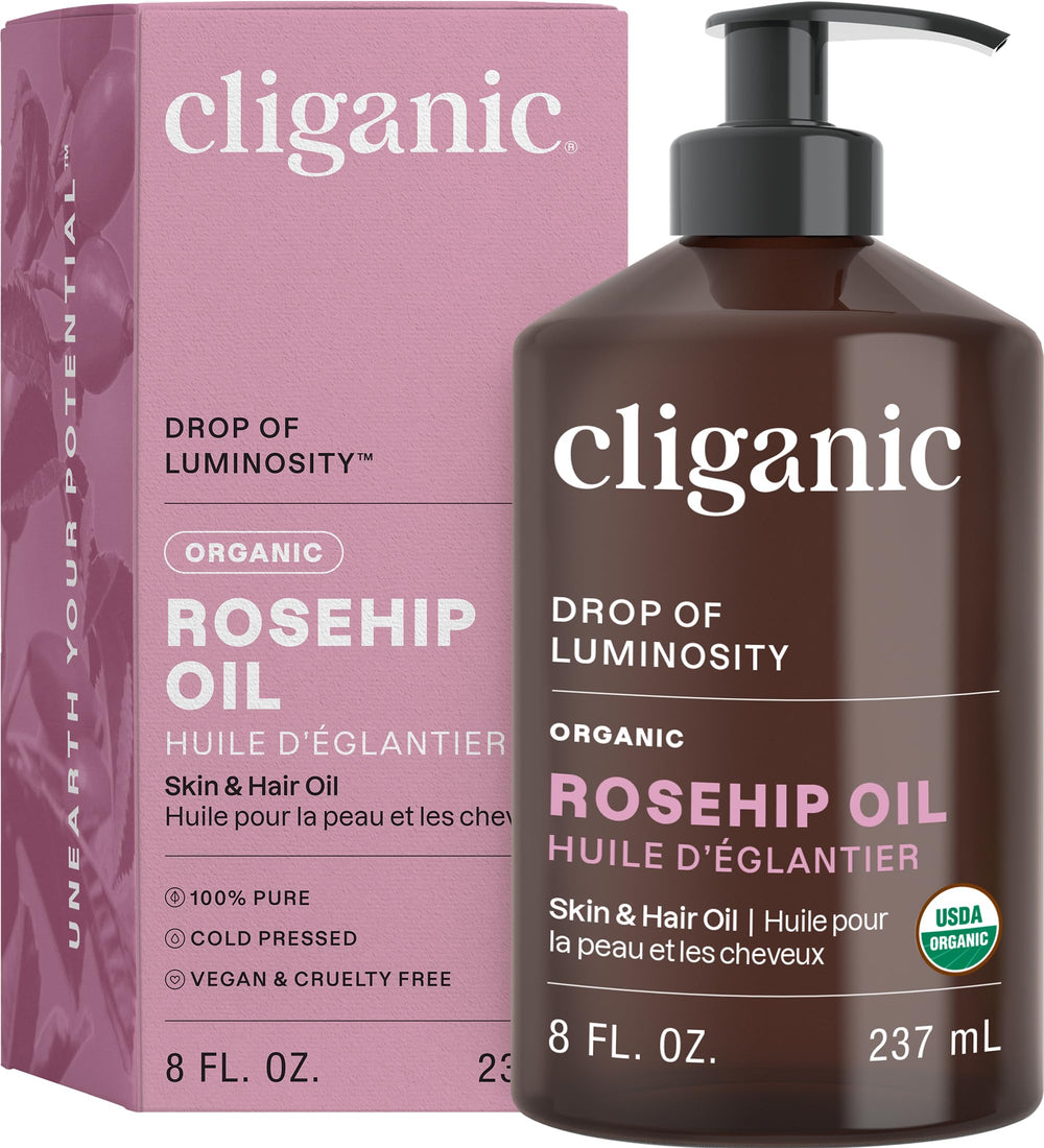 Cliganic Organic Rosehip Oil bottle for face highlighting skin nourishment and purity benefits.