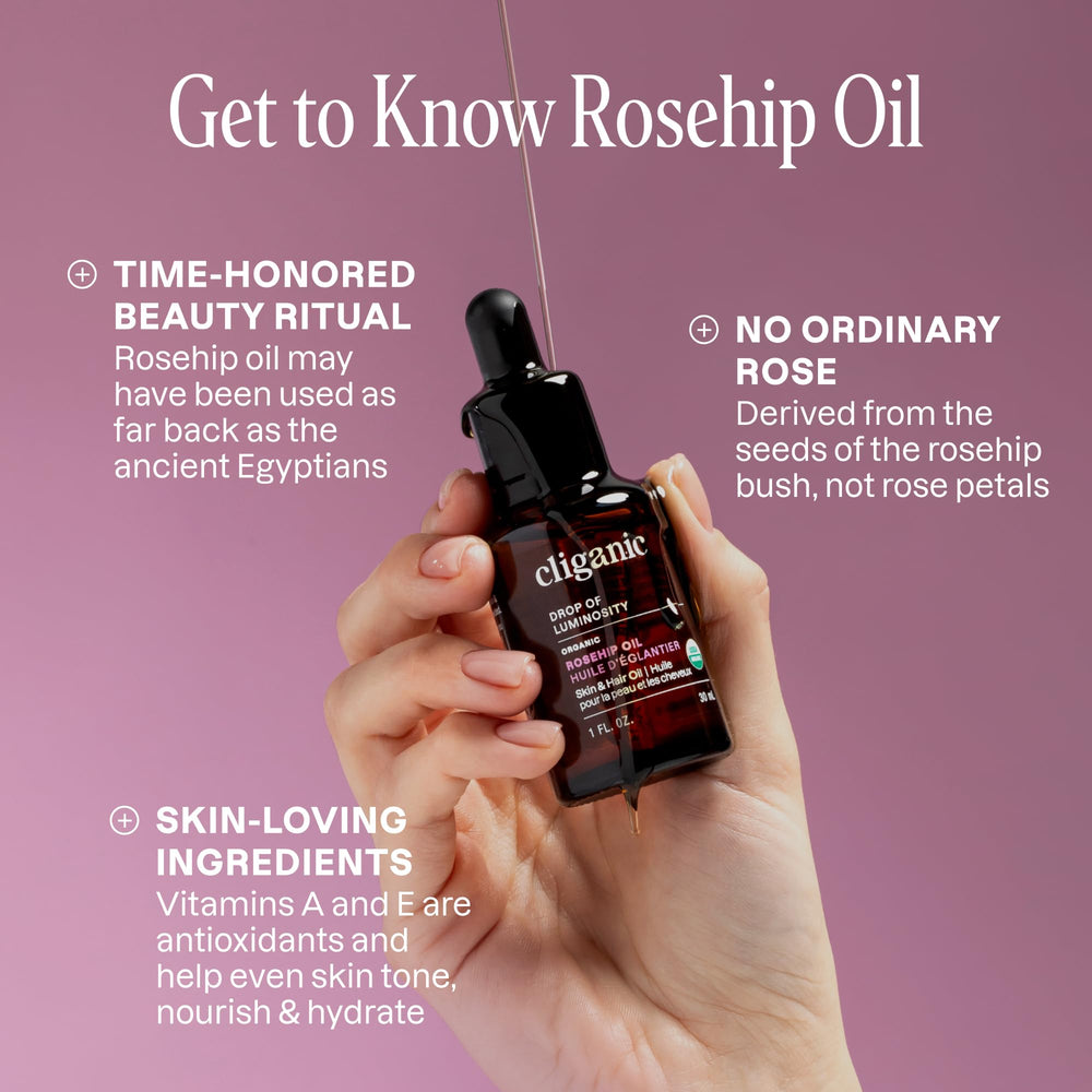 Cliganic Rosehip Oil bottle for hair care with nourishing shine potential.