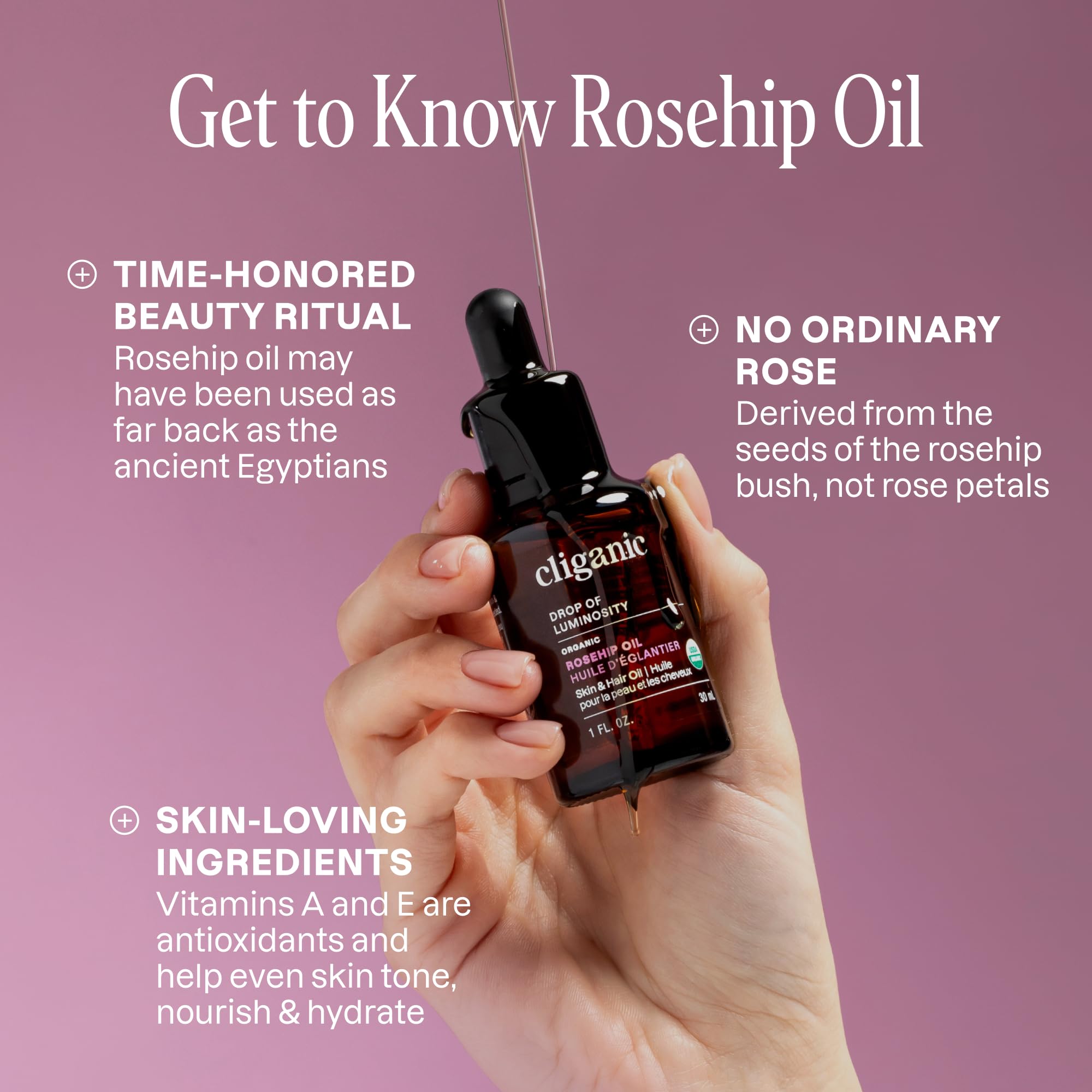 Cliganic Rosehip Seed Oil for hair care supports nourished strands.