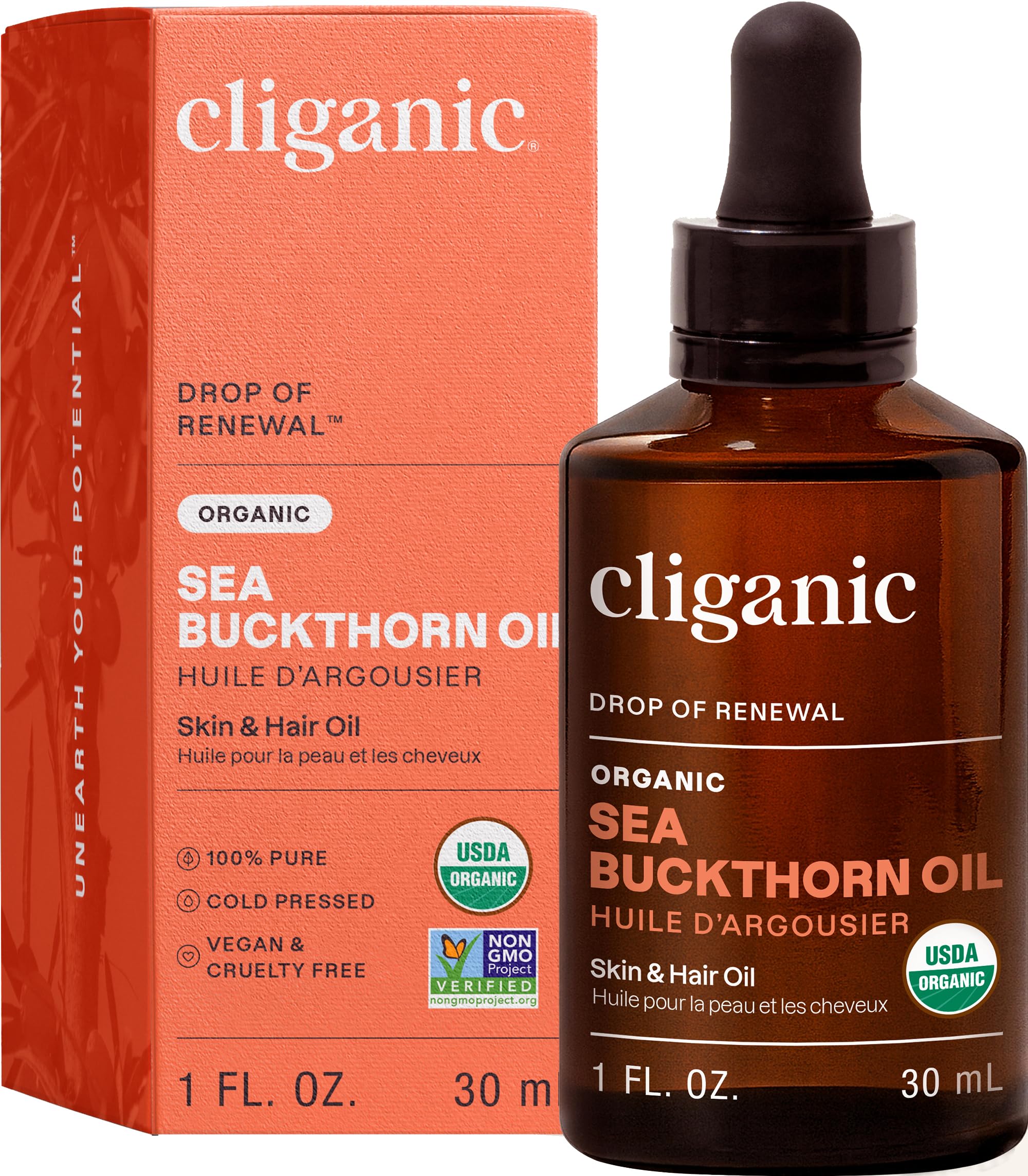 Cliganic Sea Buckthorn Oil bottle closeup highlighting pure, skin-nourishing formulation for daily care.