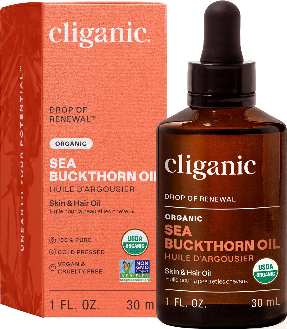 Cliganic Sea Buckthorn Oil bottle closeup highlighting pure, skin-nourishing formulation for daily care.