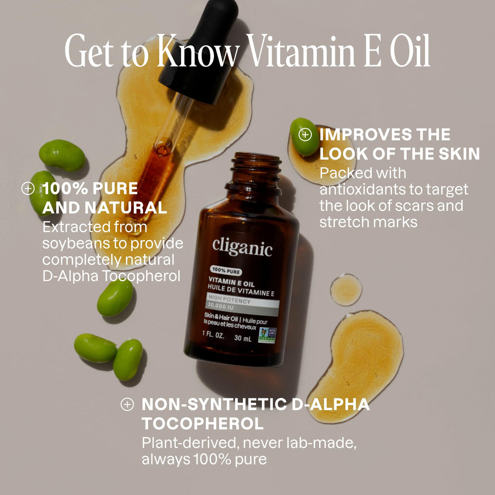 Cliganic Vitamin E Oil bottle close-up highlighting 120,000 IU potency for skin care.