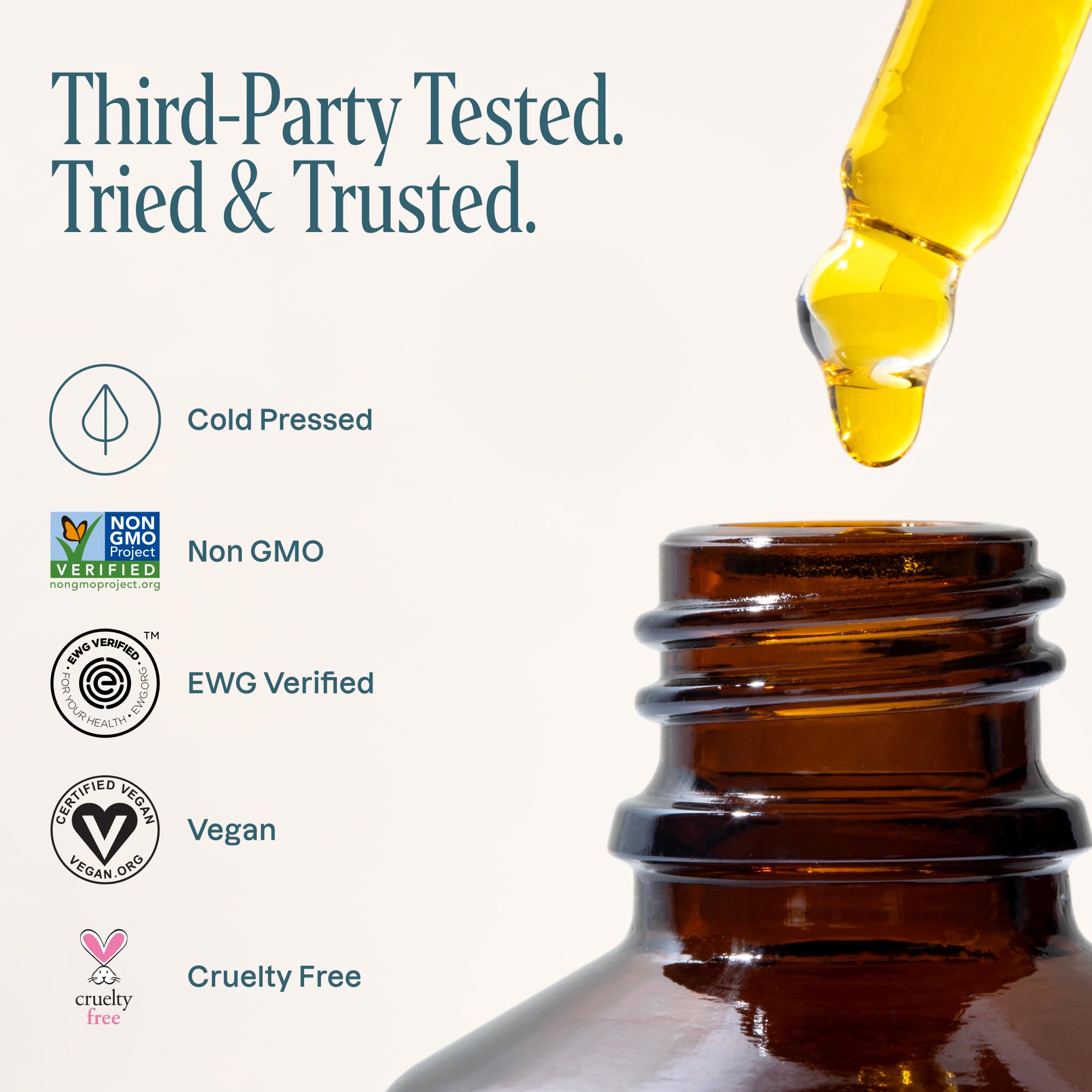 Cliganic Vitamin E oil third-party tested lab seal.