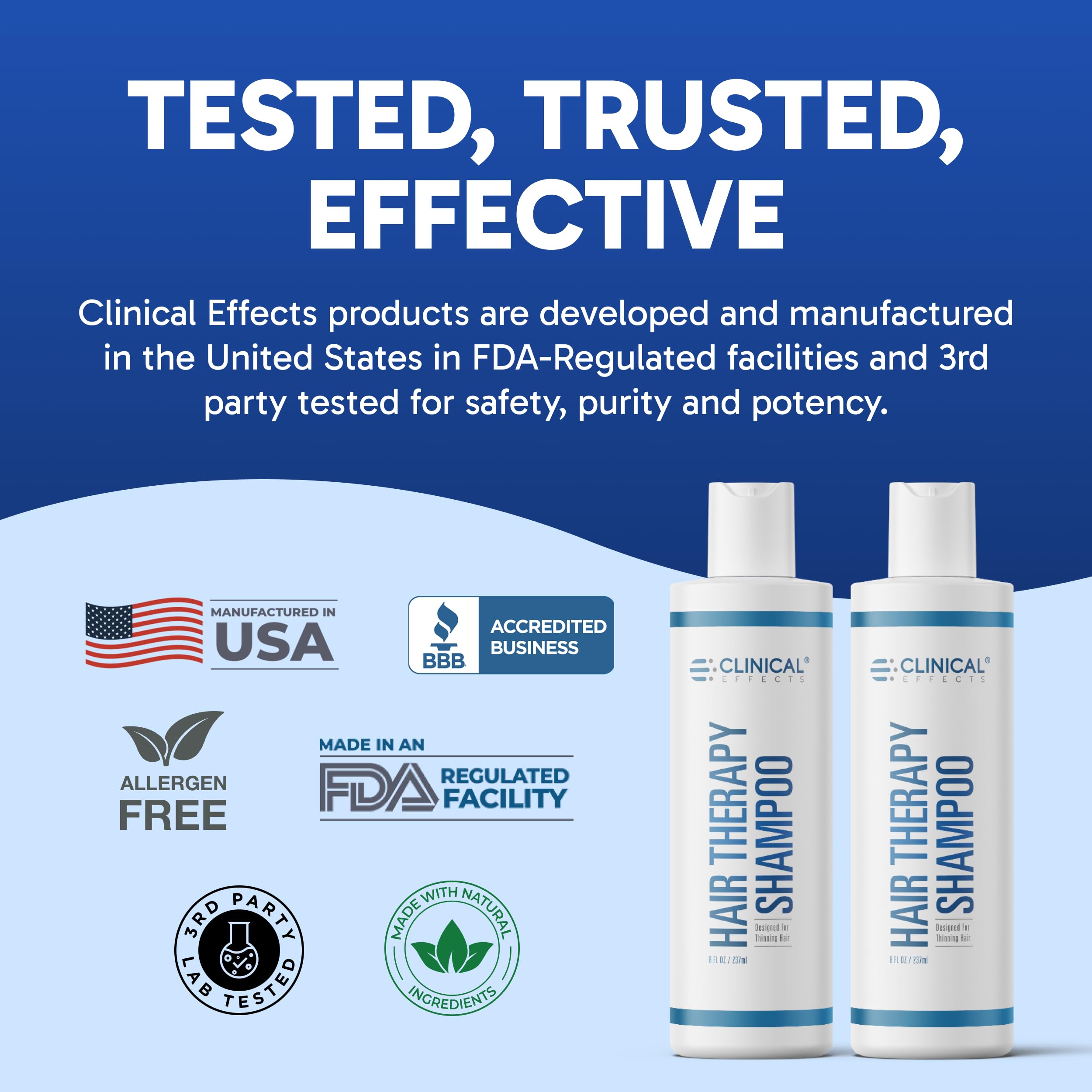 Clinical Effects Hair Therapy Shampoo features Anagain and Baicapil ingredients for potential support.