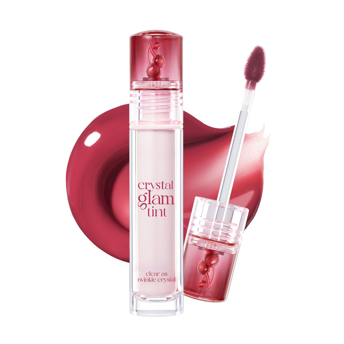 CLIO Crystal Glam Tint Cherry bottle closeup shows glossy, long-lasting color
