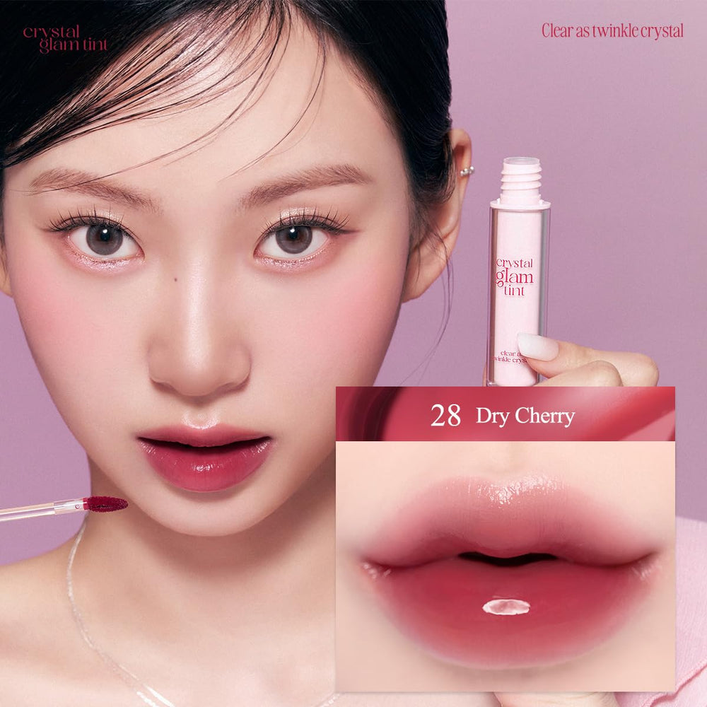 CLIO Crystal Glam Tint Cherry lips close-up with glass-like transparent finish