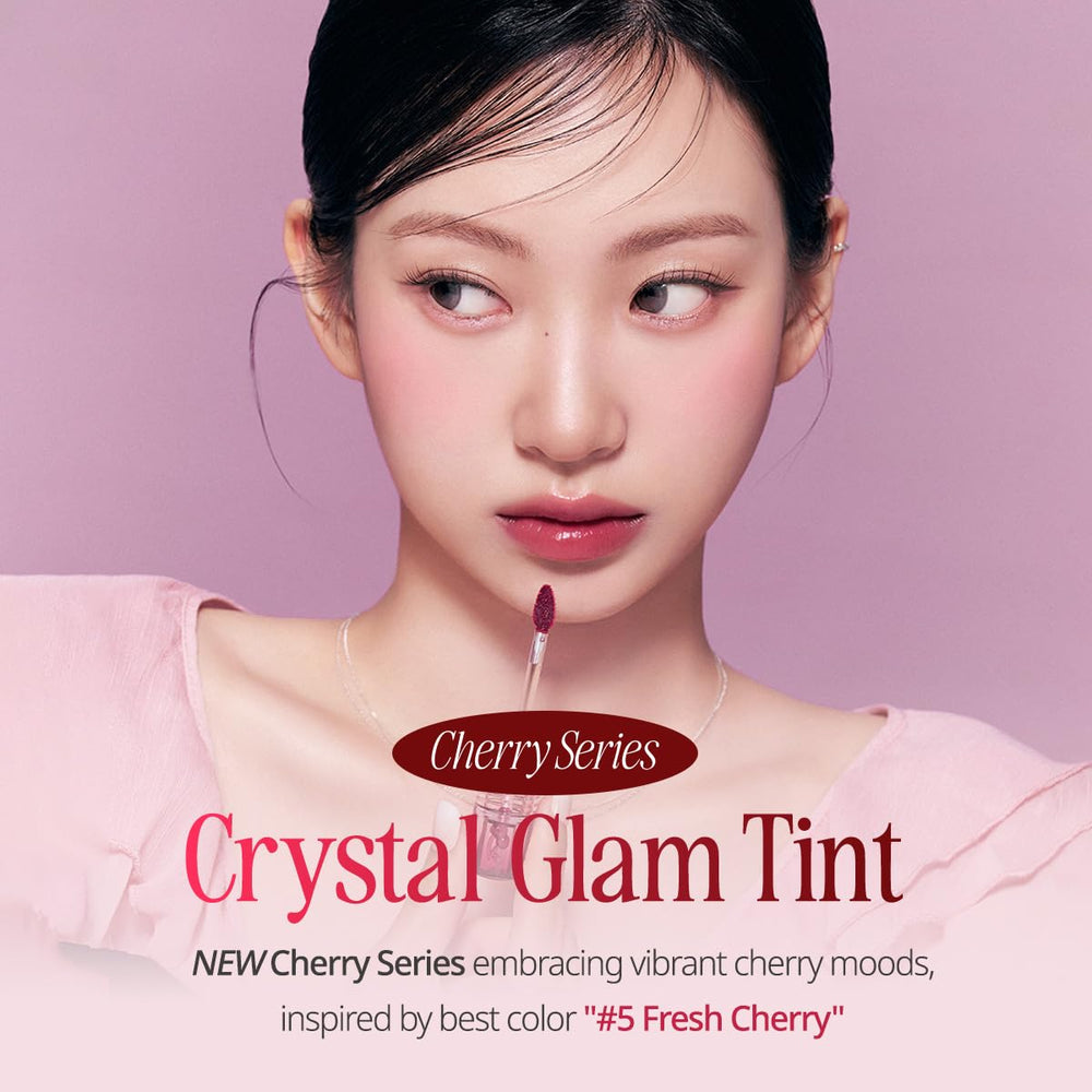 CLIO Crystal Glam Tint Cherry swatches on arm reveal vivid moisture