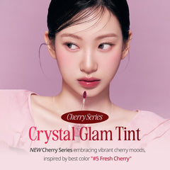 CLIO Crystal Glam Tint Cherry swatches on arm reveal vivid moisture