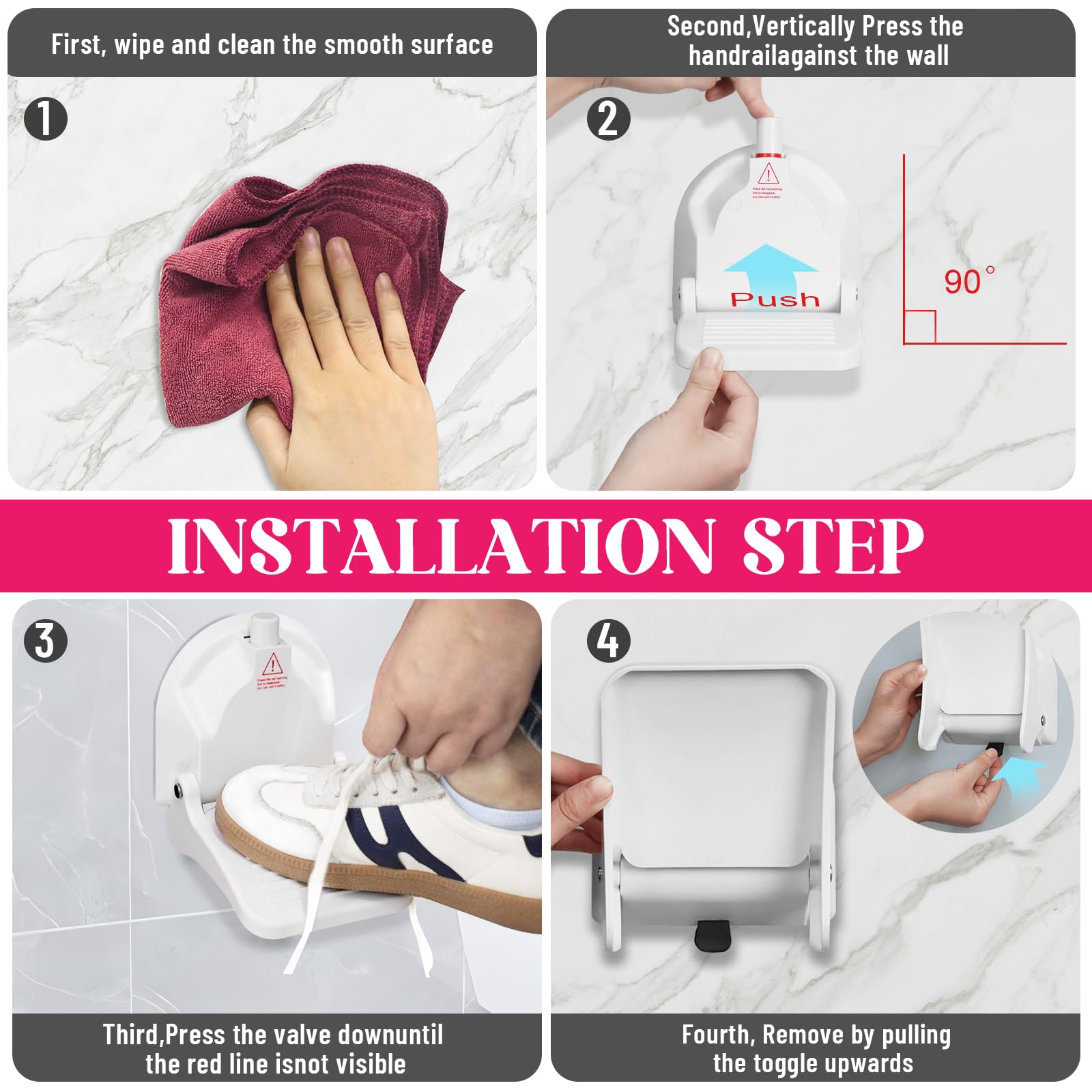 CLIO Foot Rest installation steps guide tool-free setup on smooth walls.