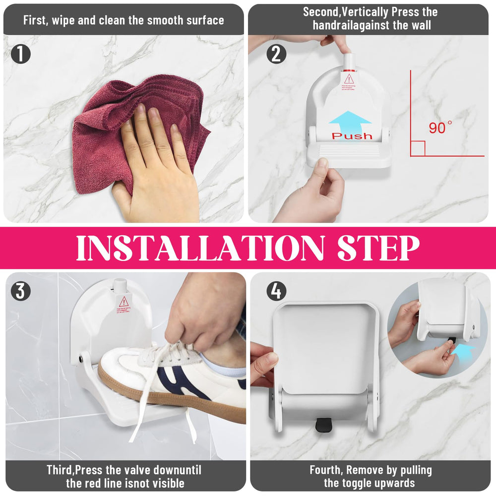 CLIO Foot Rest installation steps guide tool-free setup on smooth walls.
