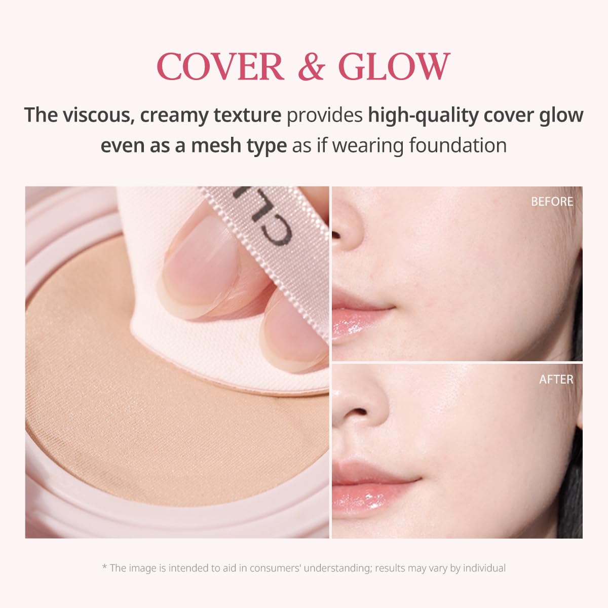 CLIO Kill Cover Mesh Glow Cushion shade swatch on skin for radiant coverage.