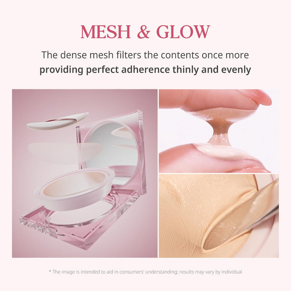 CLIO Kill Cover Mesh Glow Cushion texture close-up demonstrates featherweight, buildable coverage
