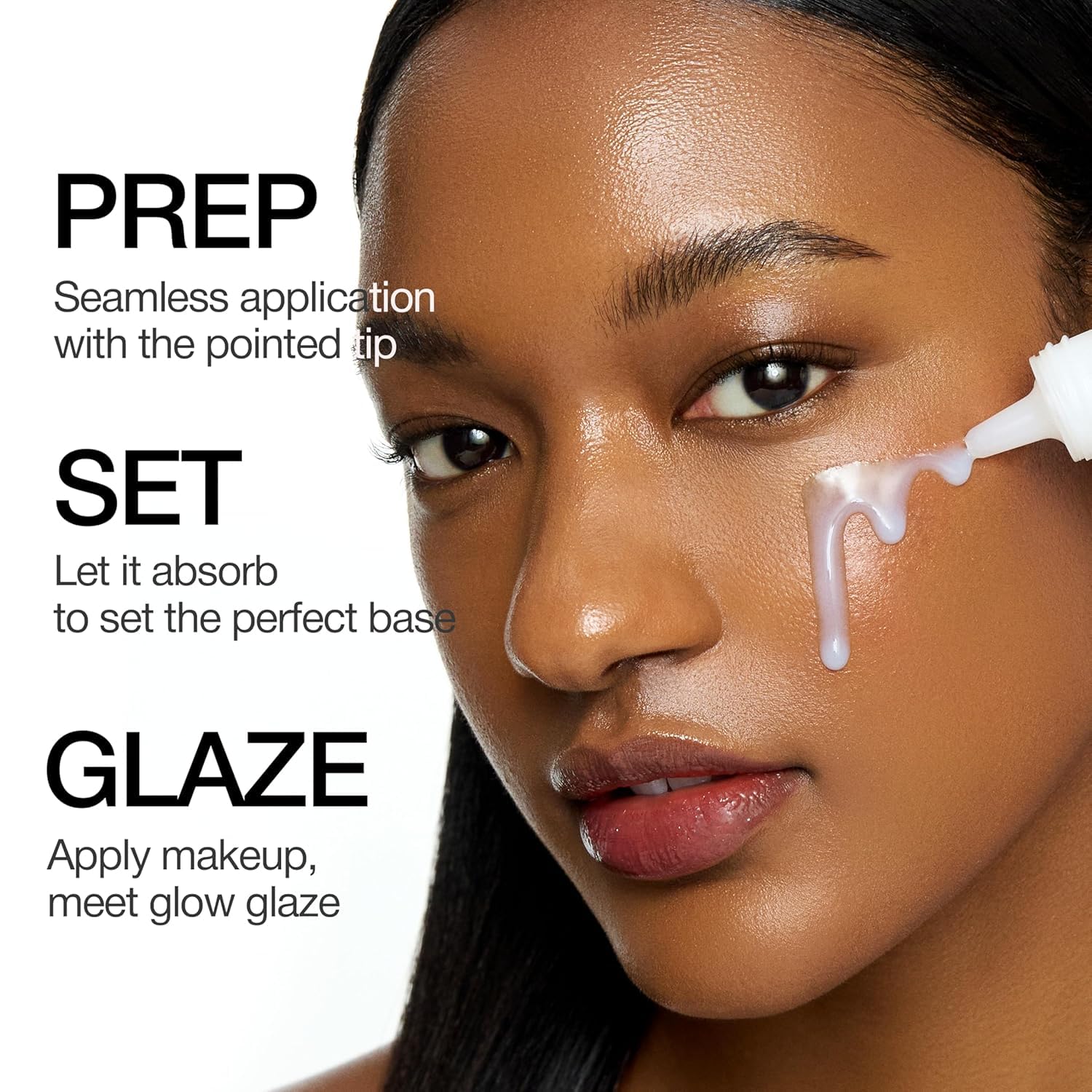 CLIO Professional Glazing Milky Essence application on face demonstrates milky-toner makeup prep base.