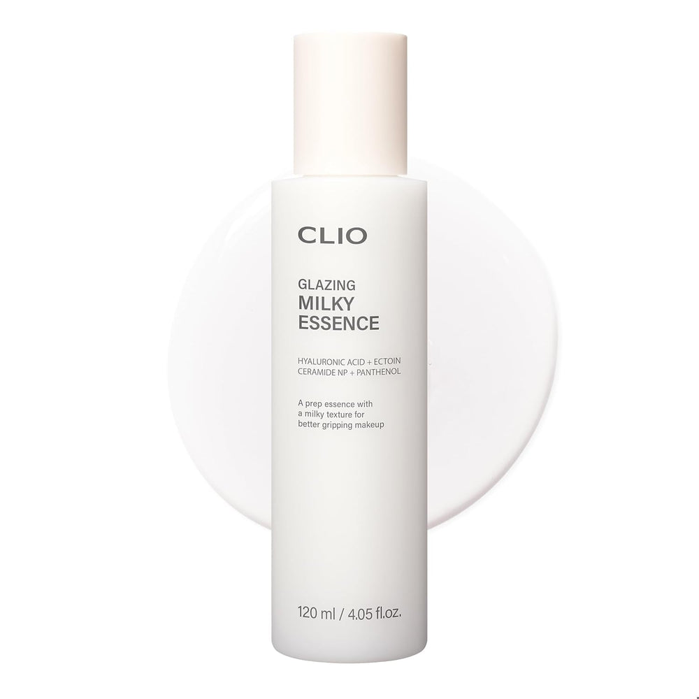 CLIO Professional Glazing Milky Essence bottle close-up highlighting hydrating glow for radiant skin.