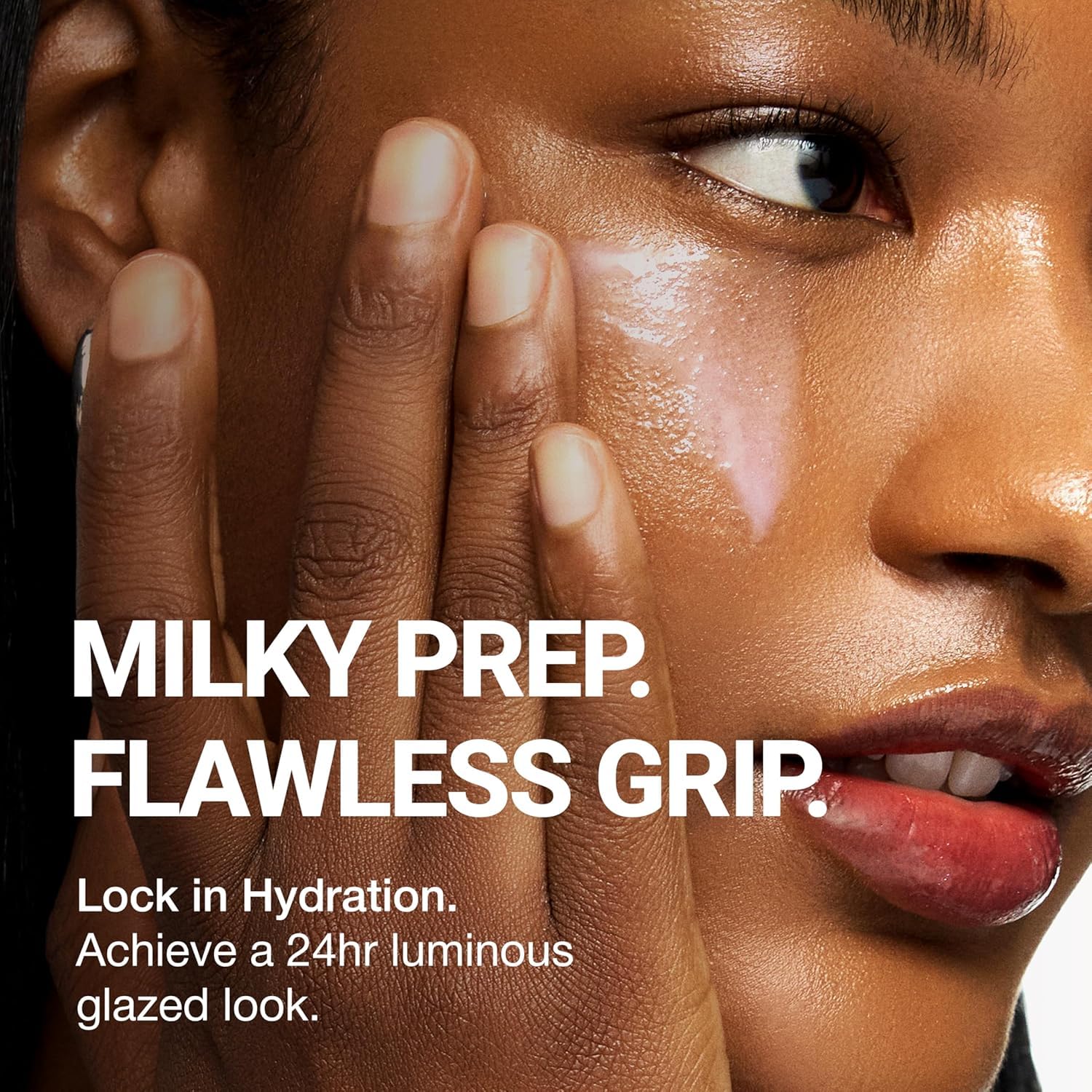 CLIO Professional Glazing Milky Essence texture swirl showcases lightweight hydration ideal for makeup prep.