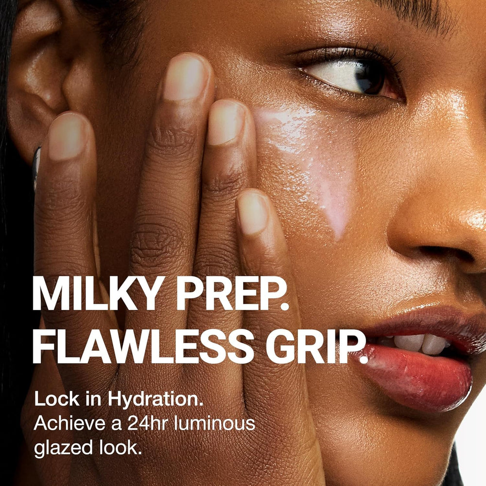 CLIO Professional Glazing Milky Essence texture swirl showcases lightweight hydration ideal for makeup prep.