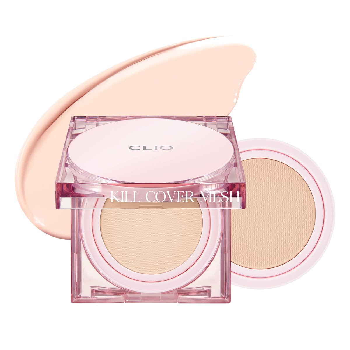 CLIO Kill Cover Mesh Glow Cushion compact shows dewy finish for radiant skin.