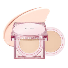 CLIO Kill Cover Mesh Glow Cushion compact shows dewy finish for radiant skin.