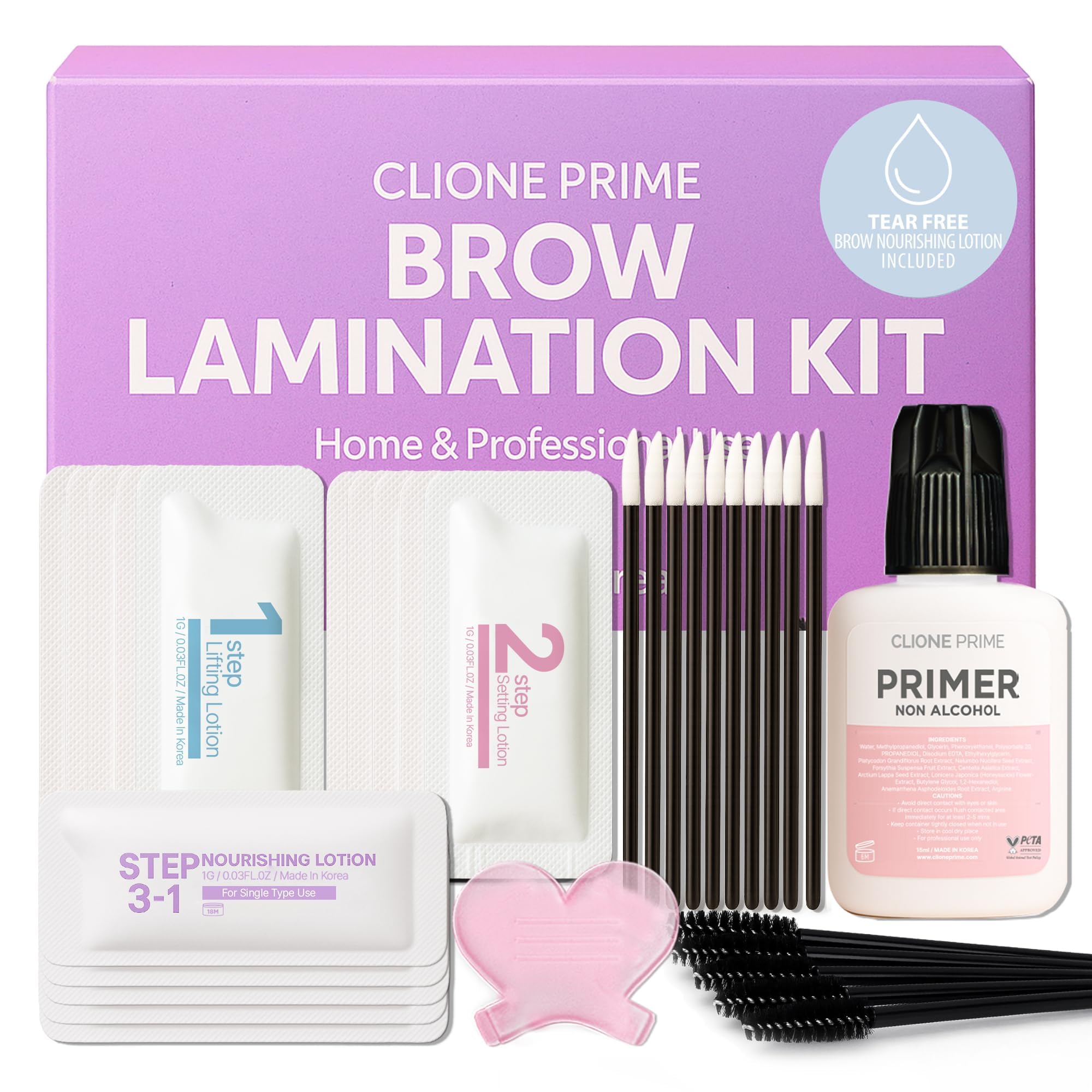 CLIONE PRIME brow lamination kit box shows premium at-home brow solution for salon-like results.