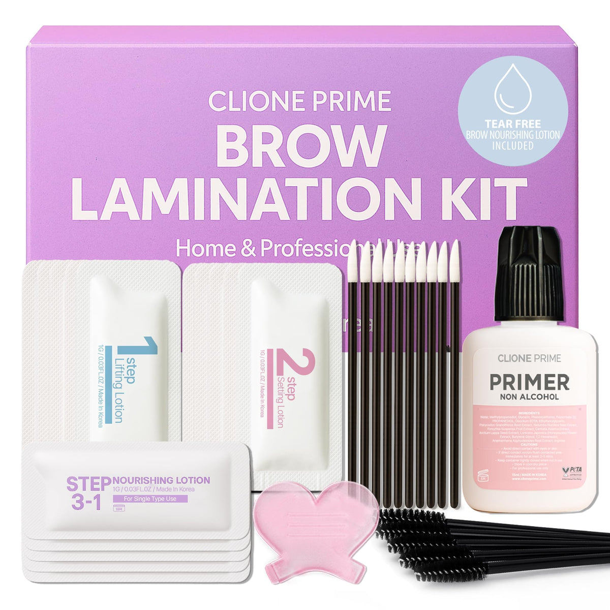 CLIONE PRIME brow lamination kit box shows premium at-home brow solution for salon-like results.