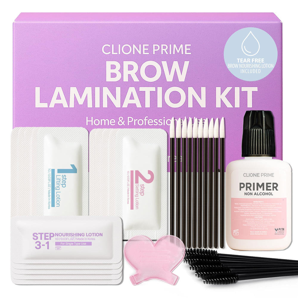 CLIONE PRIME brow lamination kit packaging shows compact storage for travel-friendly care.