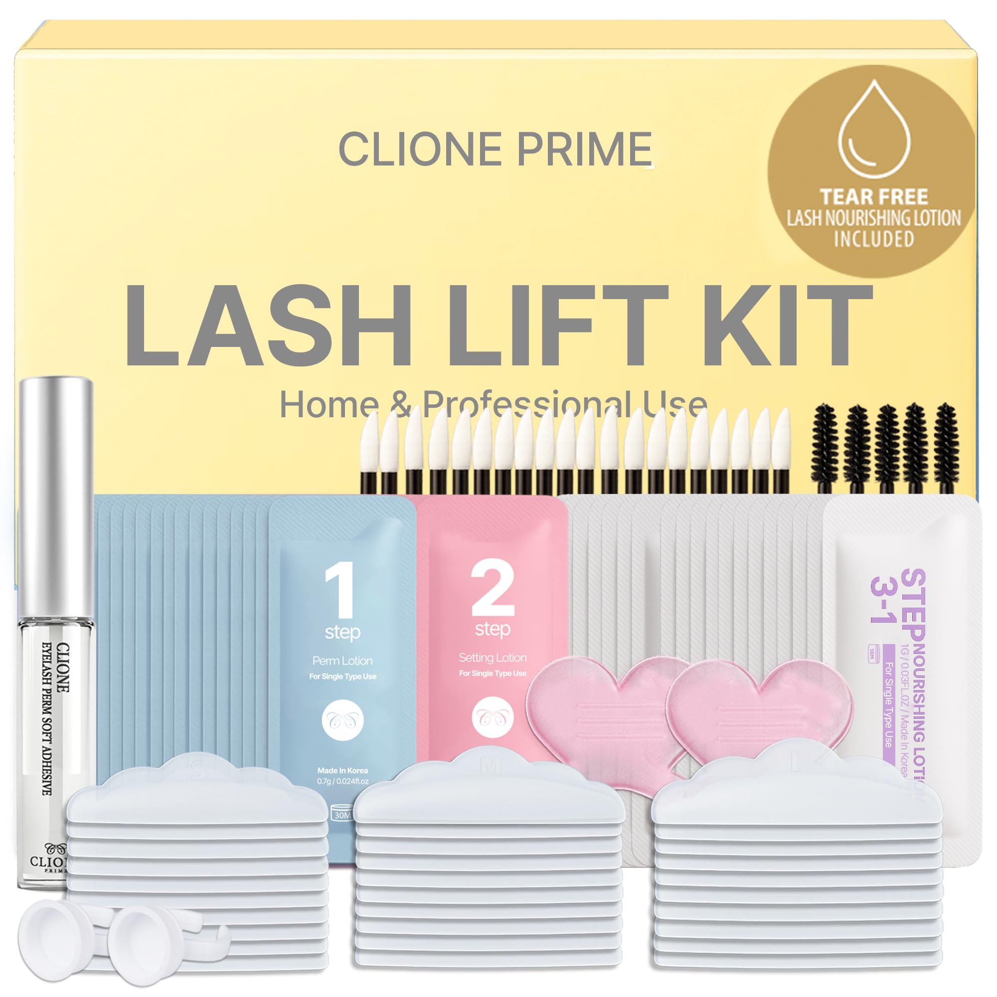 CLIONE PRIME lash lift kit packaging shows hygienic single use sachets for precise, fresh results