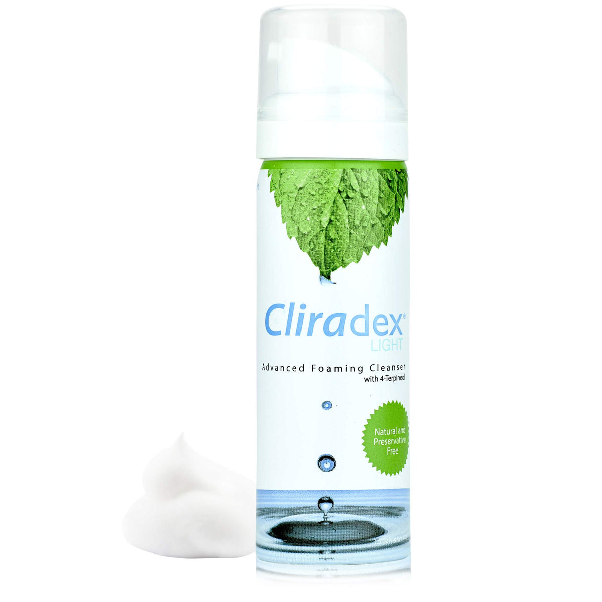 Cliradex Foam bottle closeup for daily eyelid hygiene routine