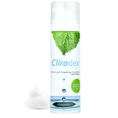 Cliradex Foam bottle closeup for daily eyelid hygiene routine