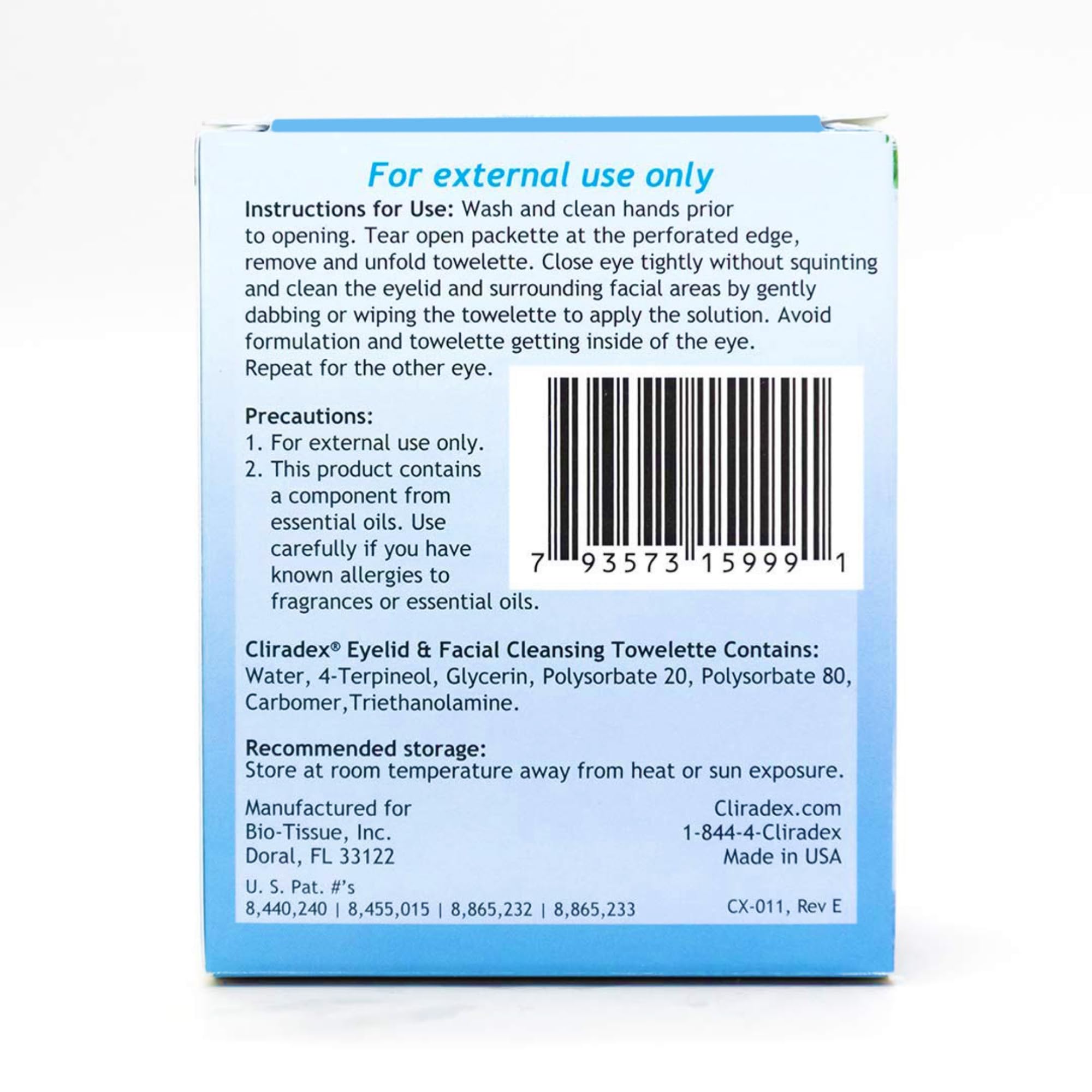 Cliradex towelettes 4-terpineol focus highlights the main tea tree oil component for cleansing.