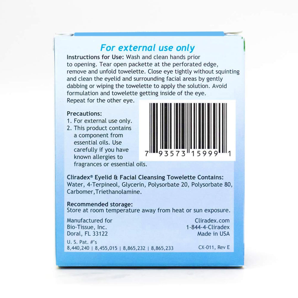Cliradex towelettes 4-terpineol focus highlights the main tea tree oil component for cleansing.