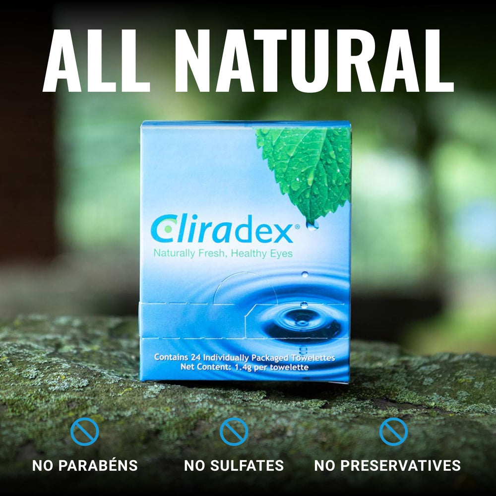 Cliradex towelettes eyelid-margin cleanse focusing on margin hygiene with each wipe.