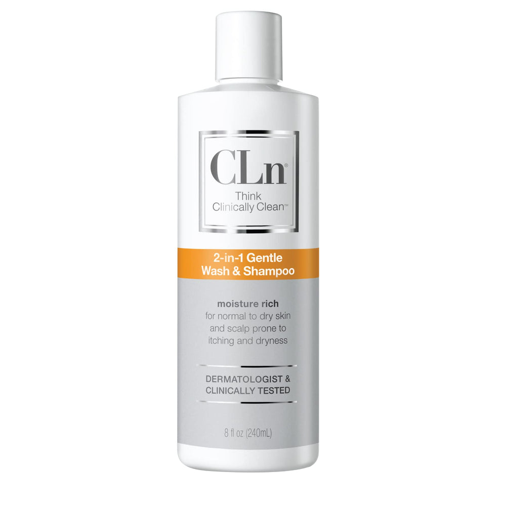 CLn 2-in-1 Gentle Wash & Shampoo bottle closeup shows fragrance-free cleanser for sensitive skin.