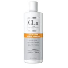 CLn 2-in-1 Gentle Wash & Shampoo bottle closeup shows fragrance-free cleanser for sensitive skin.