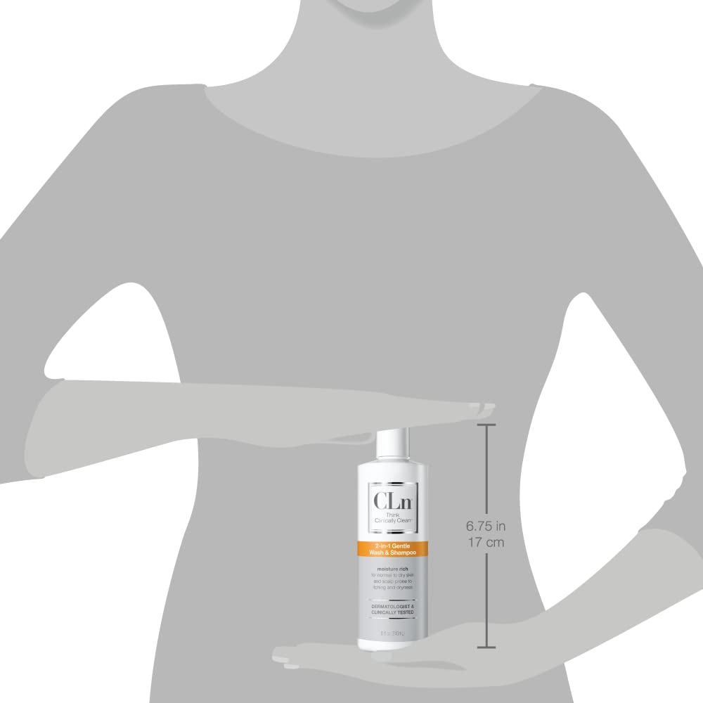 CLn 2-in-1 Gentle Wash & Shampoo packaging features doctor-recommendation tag on packaging.