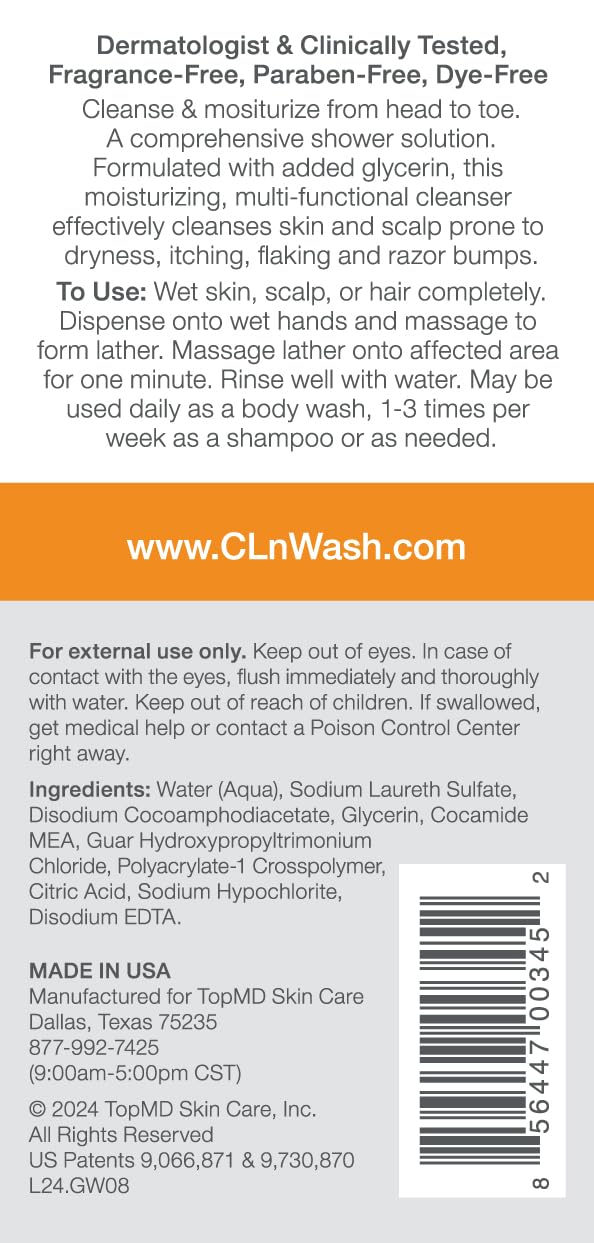 CLn 2-in-1 Gentle Wash & Shampoo foam-lather on hand demonstrates gentle cleansing for irritated skin.