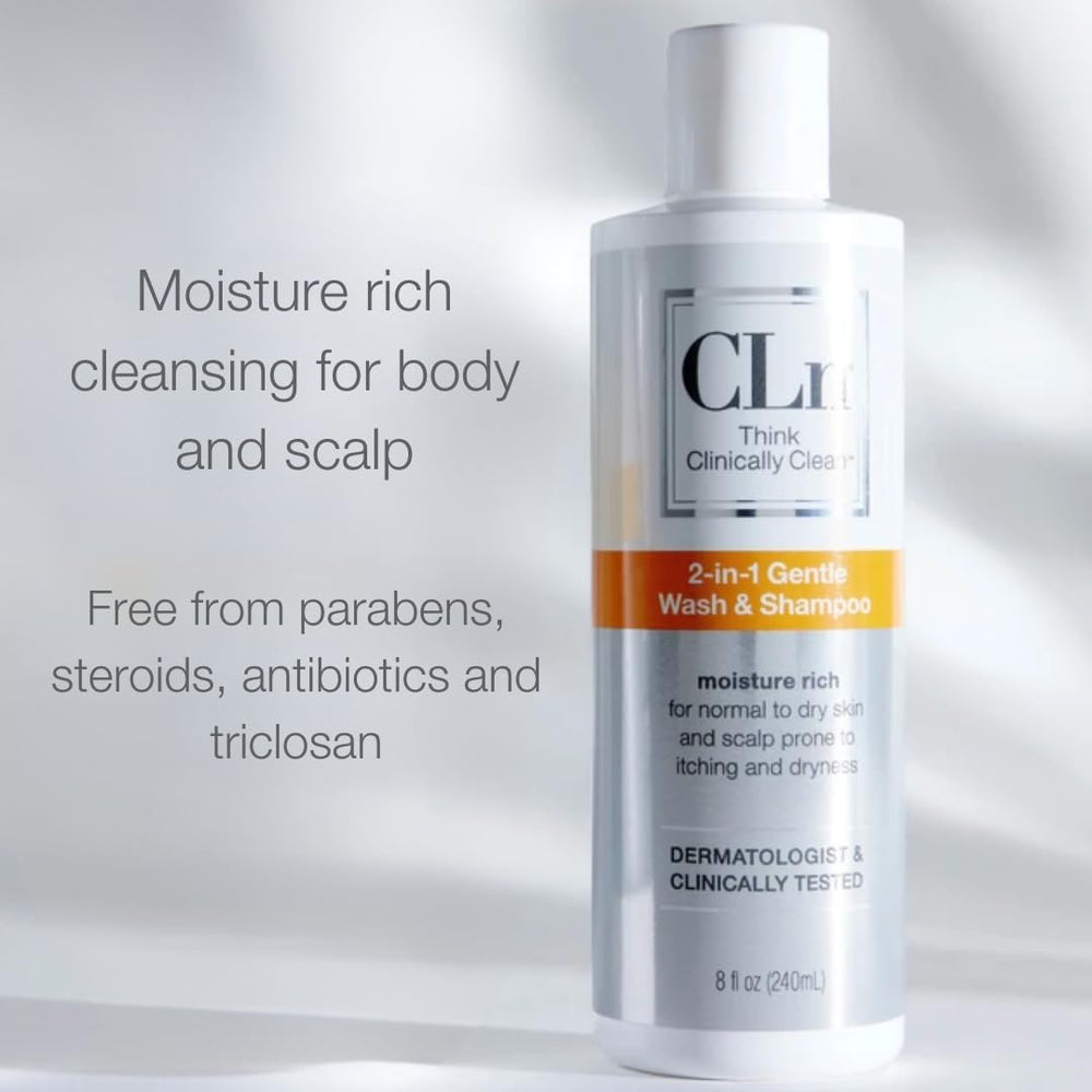 CLn 2-in-1 Gentle Wash & Shampoo fragrance-free label highlights non-irritating formula.