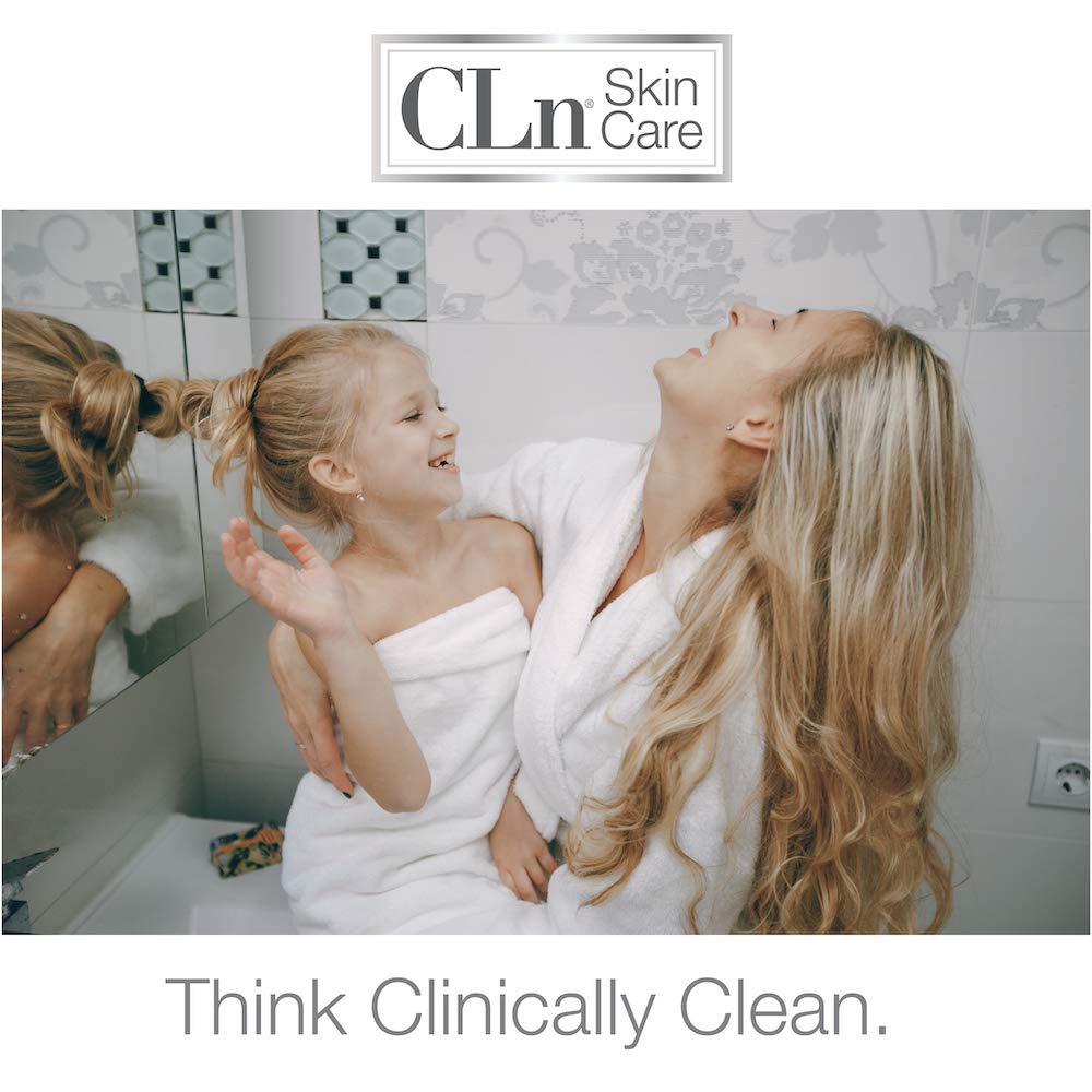 CLn 2-in-1 Gentle Wash & Shampoo 8 oz bottle detail emphasizes daily use for sensitive cleansing.